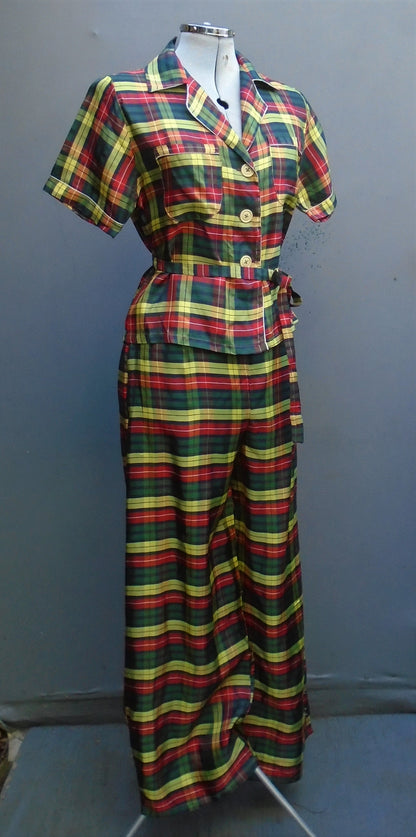 Rare 1940s WW2 50s Lounging Pyjamas PJs Tartan Plaid Rayon UK S