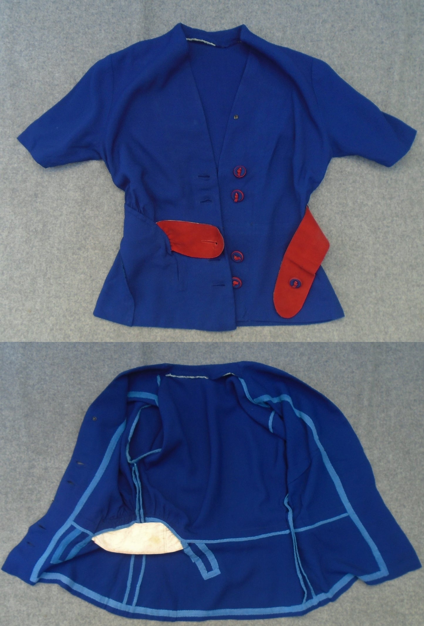 Vintage 1940s Jacket Blouse Patriotic Blue Red Suede Belt UK XS/S