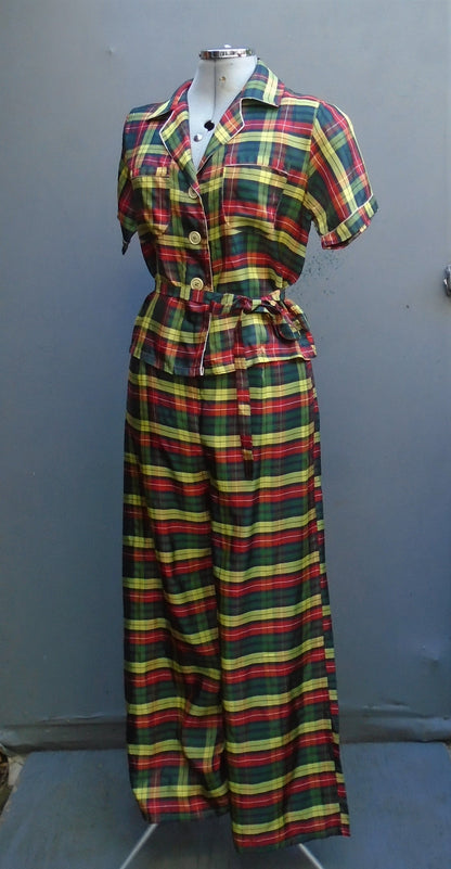 Rare 1940s WW2 50s Lounging Pyjamas PJs Tartan Plaid Rayon UK S