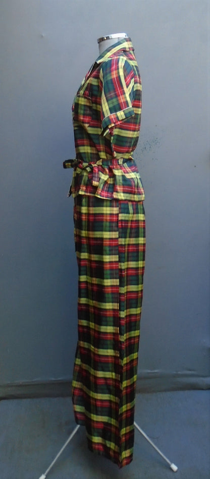 Rare 1940s WW2 50s Lounging Pyjamas PJs Tartan Plaid Rayon UK S