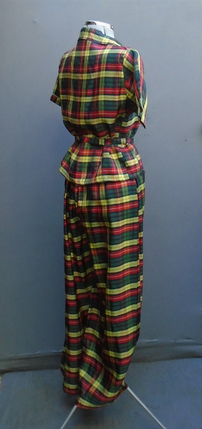 Rare 1940s WW2 50s Lounging Pyjamas PJs Tartan Plaid Rayon UK S