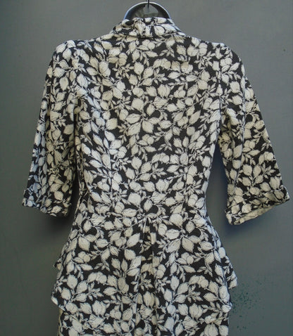 Vintage 1930s 40s WW2 Dress Handmade Black White Floral Novelty Print UK XS