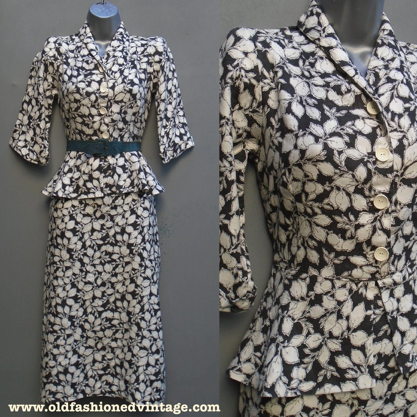 Vintage 1930s 40s WW2 Dress Handmade Black White Floral Novelty Print UK XS