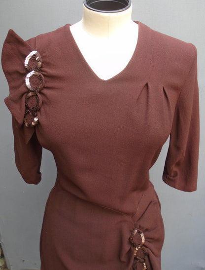 1940s Vintage Dress WW2 Brown Rayon Crepe Sequins UK S