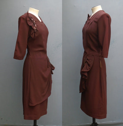 1940s Vintage Dress WW2 Brown Rayon Crepe Sequins UK S