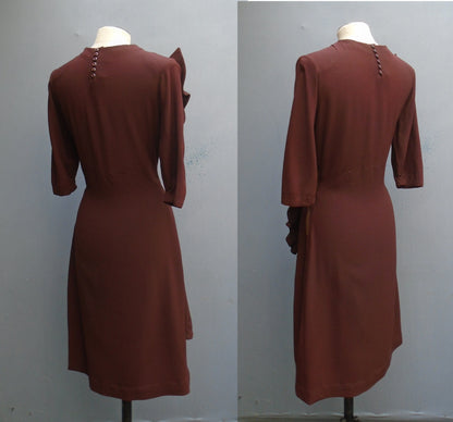 1940s Vintage Dress WW2 Brown Rayon Crepe Sequins UK S