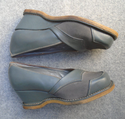 Vintage 1940s Grey Leather Suede Wedge Shoes French TROTT NOS Deadstock UK 4.5