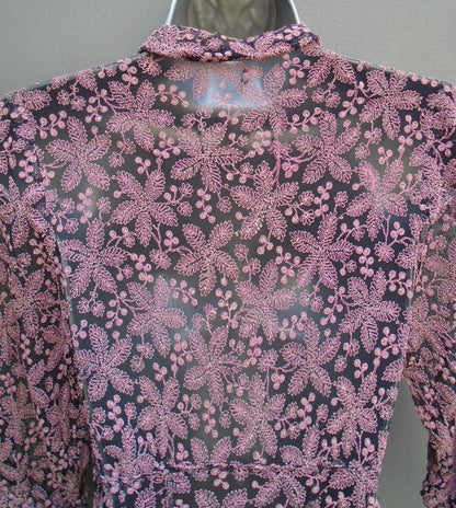 Outstanding Original Vintage 1940s Handmade Dress Blue Pink Lace Deco UK XXS