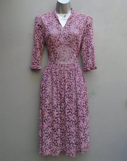 Outstanding Original Vintage 1940s Handmade Dress Blue Pink Lace Deco UK XXS