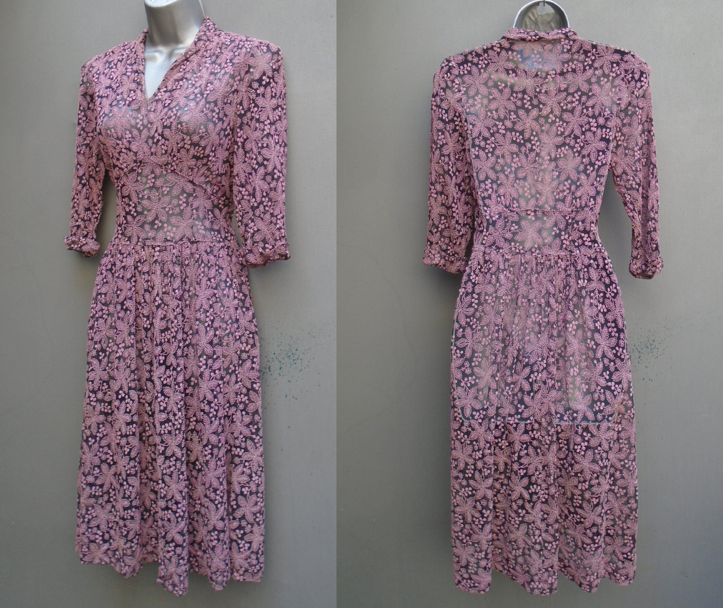 Outstanding Original Vintage 1940s Handmade Dress Blue Pink Lace Deco UK XXS