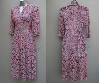 Outstanding Original Vintage 1940s Handmade Dress Blue Pink Lace Deco UK XXS