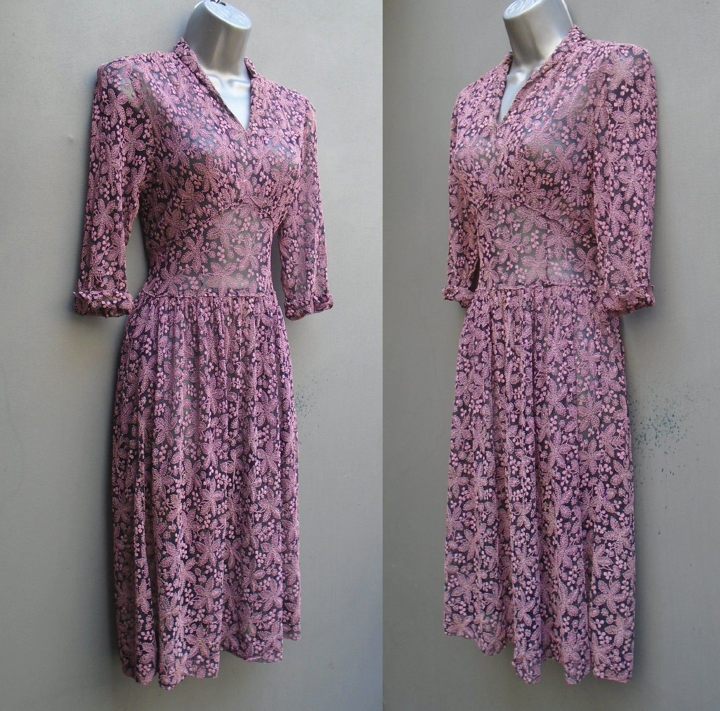 Outstanding Original Vintage 1940s Handmade Dress Blue Pink Lace Deco UK XXS