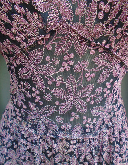 Outstanding Original Vintage 1940s Handmade Dress Blue Pink Lace Deco UK XXS