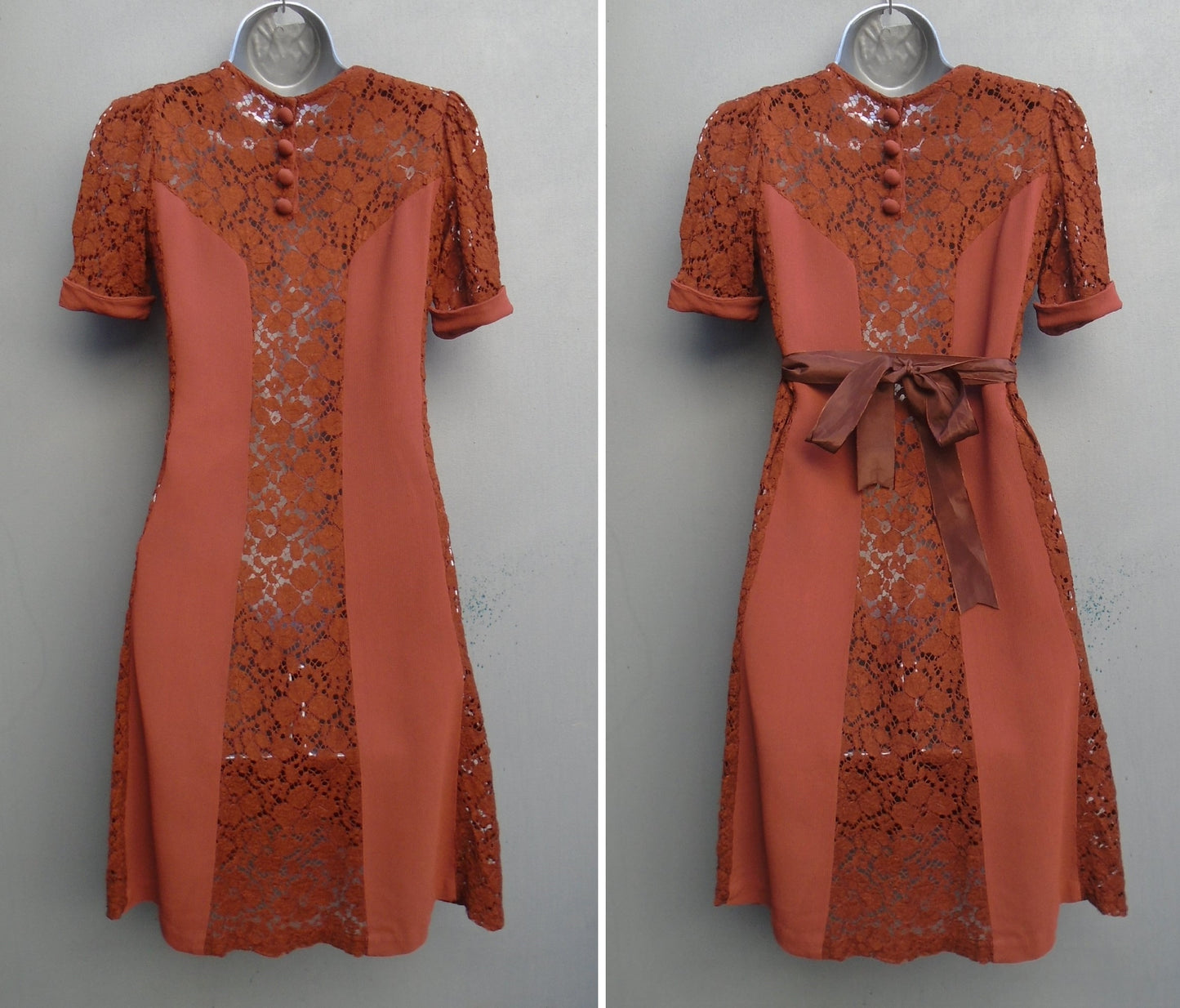 1940s Vintage Dress WW2 Rust Crepe Lace UK XS