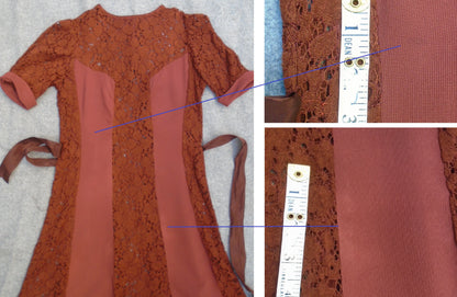 1940s Vintage Dress WW2 Rust Crepe Lace UK XS