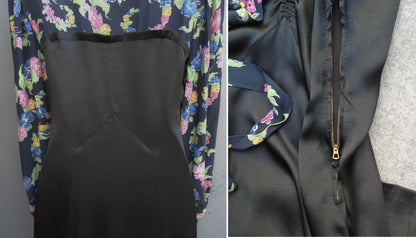 Vintage 1930s 2-Tone Dress Black Satin Floral Novelty Print UK XS