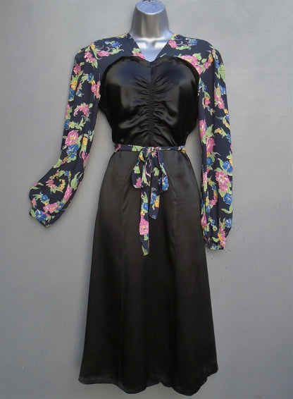 Vintage 1930s 2-Tone Dress Black Satin Floral Novelty Print UK XS