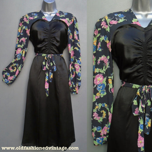 Vintage 1930s 2-Tone Dress Black Satin Floral Novelty Print UK XS