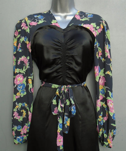 Vintage 1930s 2-Tone Dress Black Satin Floral Novelty Print UK XS