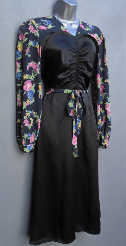 Vintage 1930s 2-Tone Dress Black Satin Floral Novelty Print UK XS