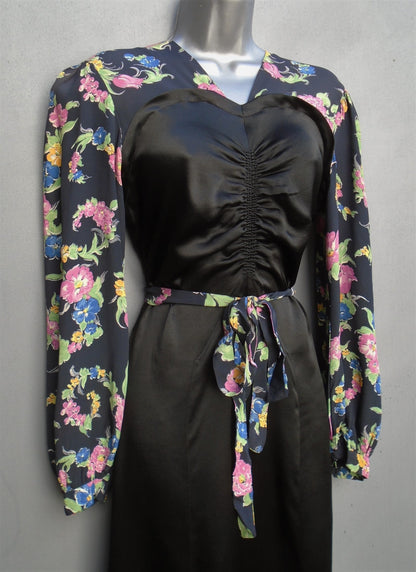 Vintage 1930s 2-Tone Dress Black Satin Floral Novelty Print UK XS