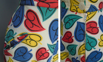 Original Vintage 1940s 1950s Skirt Bold Leaf Novelty Multicoloured Print UK S/M