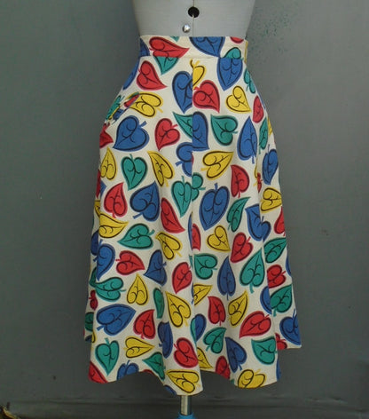 Original Vintage 1940s 1950s Skirt Bold Leaf Novelty Multicoloured Print UK S/M