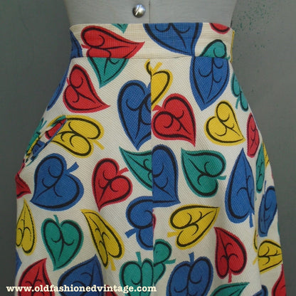 Original Vintage 1940s 1950s Skirt Bold Leaf Novelty Multicoloured Print UK S/M