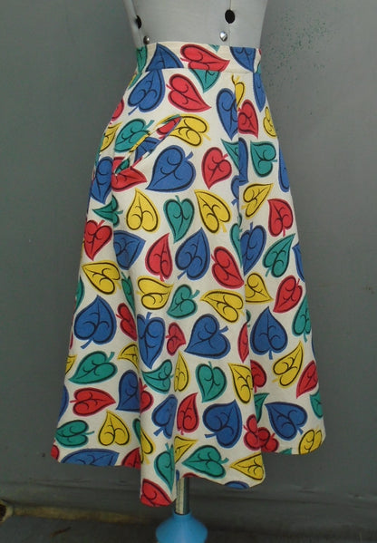 Original Vintage 1940s 1950s Skirt Bold Leaf Novelty Multicoloured Print UK S/M