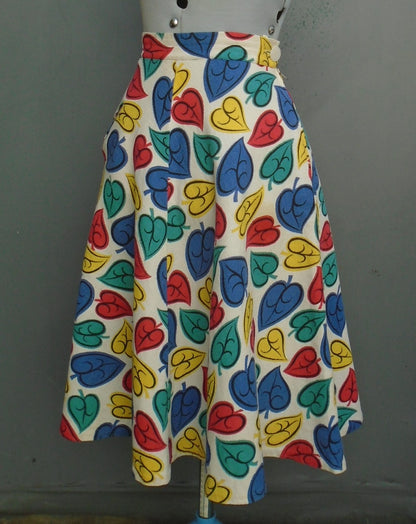 Original Vintage 1940s 1950s Skirt Bold Leaf Novelty Multicoloured Print UK S/M