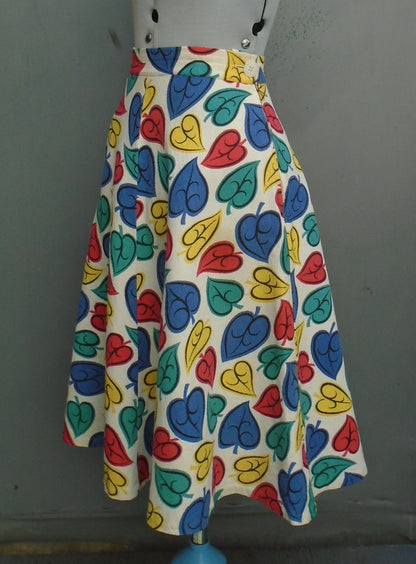 Original Vintage 1940s 1950s Skirt Bold Leaf Novelty Multicoloured Print UK S/M