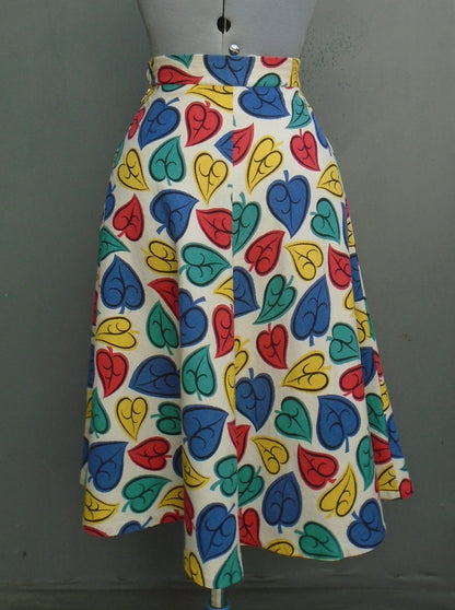 Original Vintage 1940s 1950s Skirt Bold Leaf Novelty Multicoloured Print UK S/M