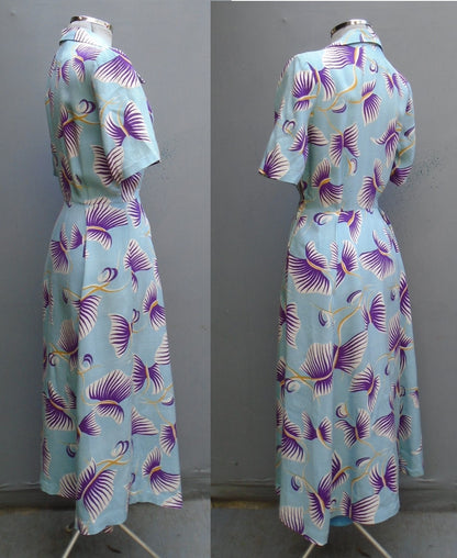 Vintage 1950s Dress Blue Purple Bold Novelty Floral Print UK XS