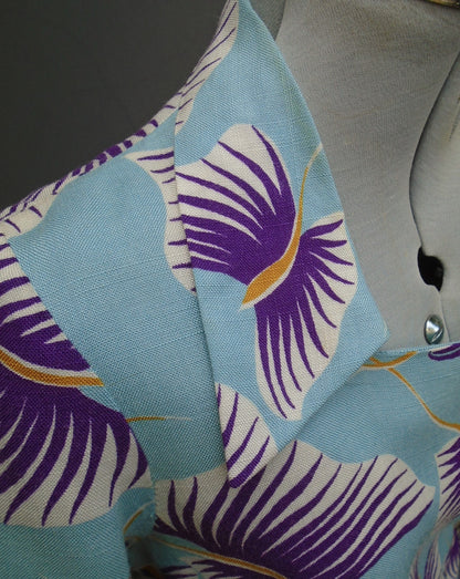 Vintage 1950s Dress Blue Purple Bold Novelty Floral Print UK XS