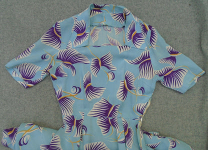Vintage 1950s Dress Blue Purple Bold Novelty Floral Print UK XS