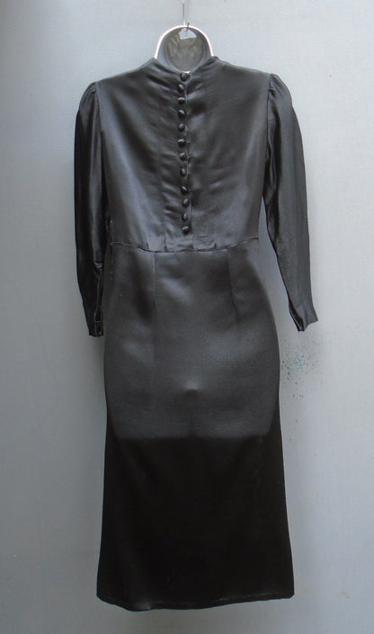 Rare Slinky Vintage 1930s 40s Dress Black Satin Crepe Deco Vamp UK XS