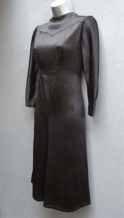 Rare Slinky Vintage 1930s 40s Dress Black Satin Crepe Deco Vamp UK XS