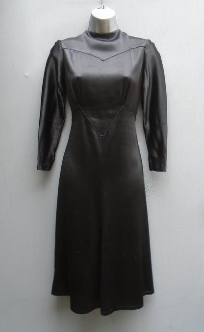 Rare Slinky Vintage 1930s 40s Dress Black Satin Crepe Deco Vamp UK XS