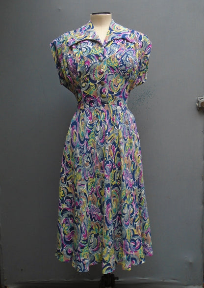 Superb Vintage 1940s Dress Bold Floral Novelty Print UK S