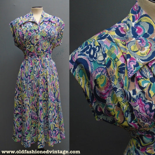 Superb Vintage 1940s Dress Bold Floral Novelty Print UK S