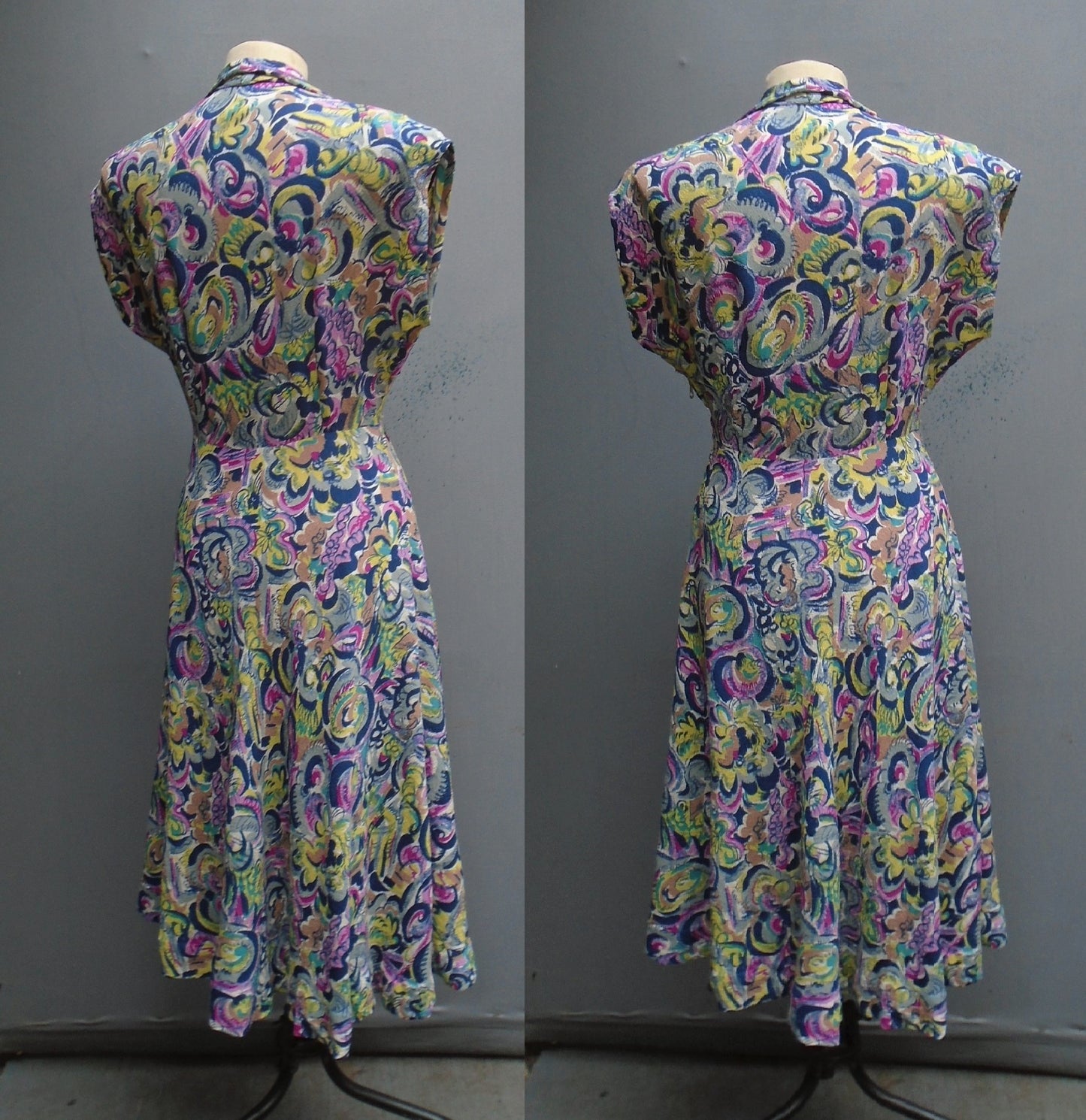 Superb Vintage 1940s Dress Bold Floral Novelty Print UK S