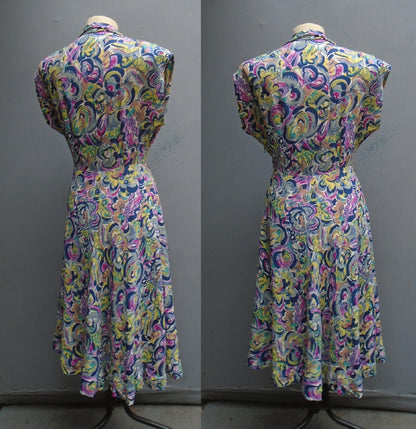 Superb Vintage 1940s Dress Bold Floral Novelty Print UK S
