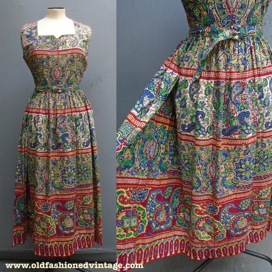 Vintage 1950s Dress Bold Print Red Green Blue Cotton Patio UK S