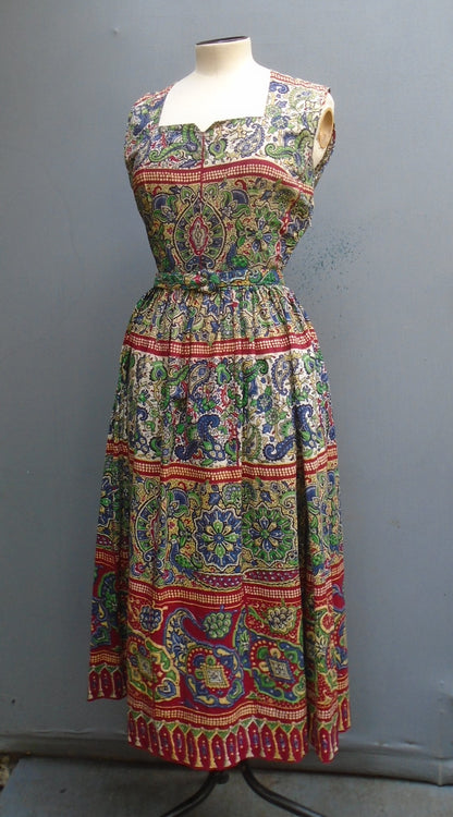 Vintage 1950s Dress Bold Print Red Green Blue Cotton Patio UK S