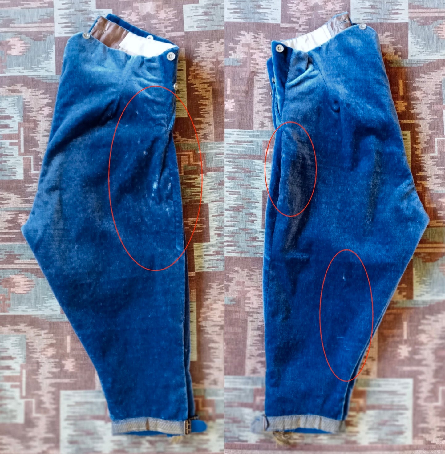Vintage Mens 1890s 1900s Blue Plush Breeches Fall Front Victorian Edwardian Velvet Livery Uniform Trousers Pants