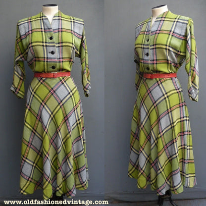 Original Vintage 1940s 1950s Bold Checked Plaid Dress Dolman UK S