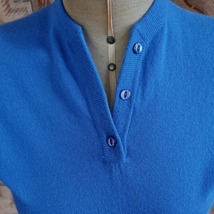 Vintage 1950s Knitted Blue Sweater Short Sleeve Jumper Top Pure Wool  UK S