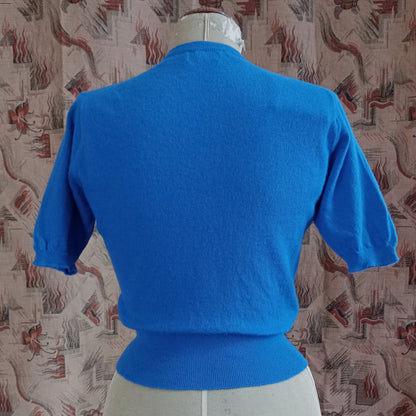 Vintage 1950s Knitted Blue Sweater Short Sleeve Jumper Top Pure Wool  UK S