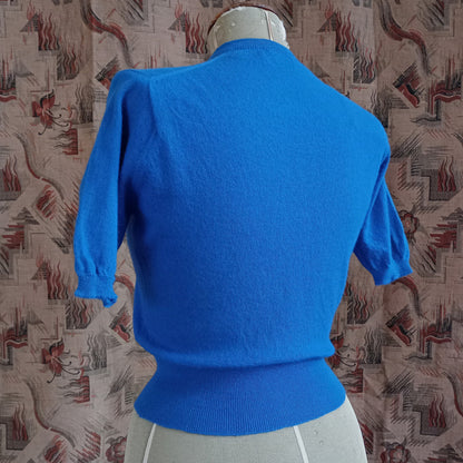 Vintage 1950s Knitted Blue Sweater Short Sleeve Jumper Top Pure Wool  UK S