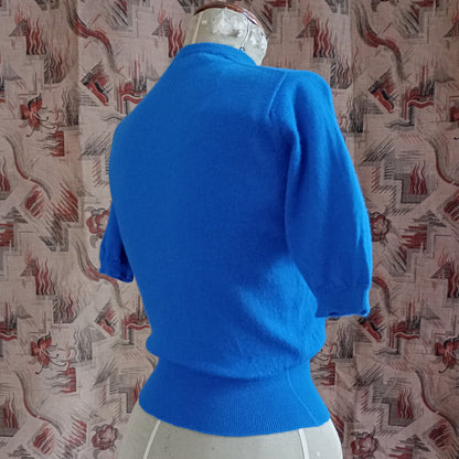 Vintage 1950s Knitted Blue Sweater Short Sleeve Jumper Top Pure Wool  UK S